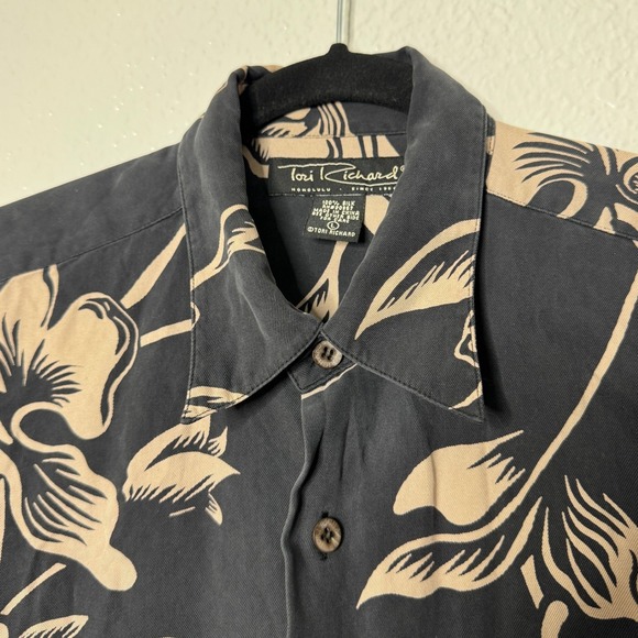 Tori Richard Honolulu Mens Large Silk Floral Hawaiian Aloha Shirt Gray Tan Large - Picture 5 of 10